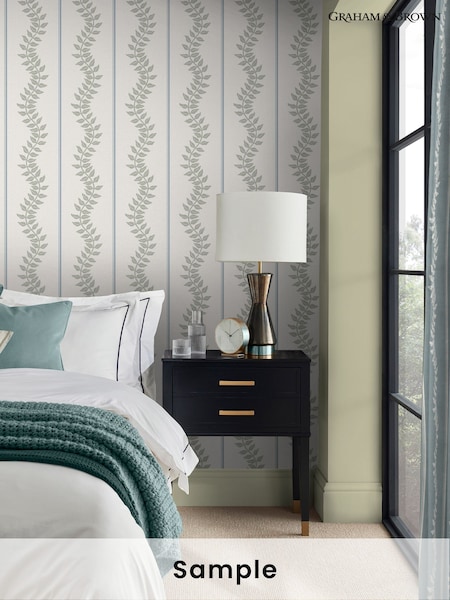 Graham & Brown Sky Green Laurel Leaf Print Stripe A4 Wallpaper Sample (H53409) | £1