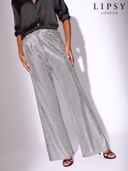 Lipsy Metallic Silver Wide Leg Trousers (H53465) | £49