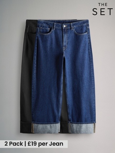 The Set 2 Pack Turn Up Wide Leg Denim Jeans Black/Mid Blue (H53474) | £38