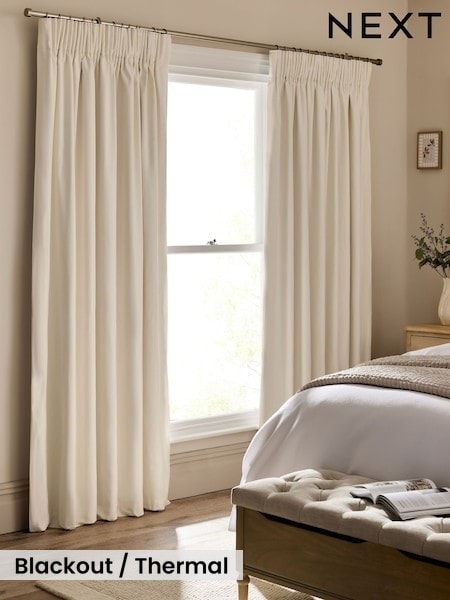 Light Natural Cotton Blackout/Thermal Pencil Pleat Curtains (H53609) | £40 - £125