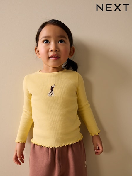 Lemon Yellow Dog Long sleeve Embroidered Ribbed Top (3mths-7yrs) (H53678) | £5 - £7