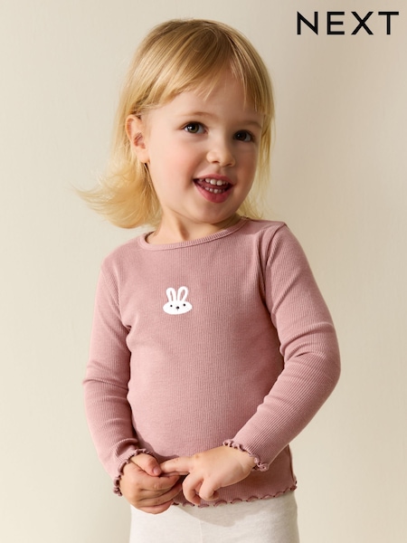Pink Bunny Long sleeve Embroidered Ribbed Top (3mths-7yrs) (H53684) | £5 - £7