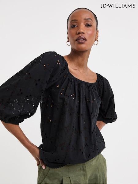 JD Williams Black Broderie Elasticated Neckline 100% Cotton Top (H53701) | £35