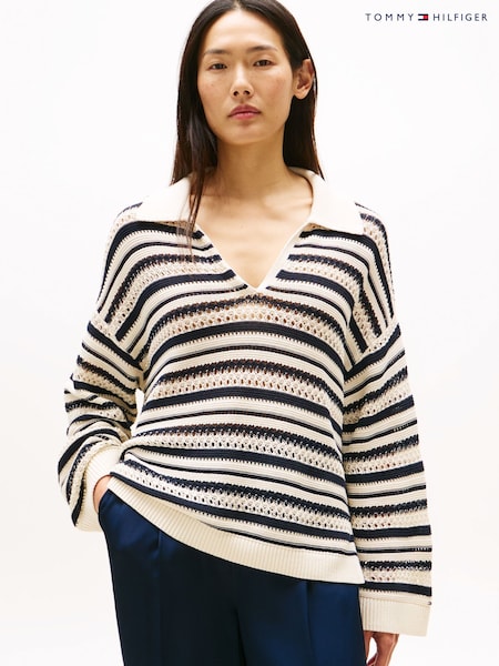 Tommy Hilfiger Natural Oversized Crochet Polo Jumper (H53798) | £180