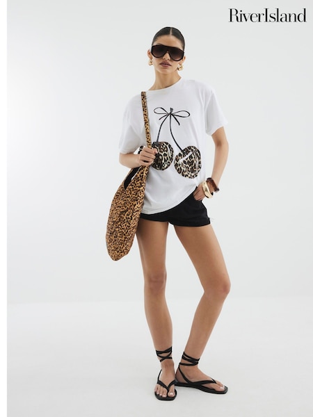 River Island White Leopard Print Bow Cherry T-Shirt (H53862) | £25