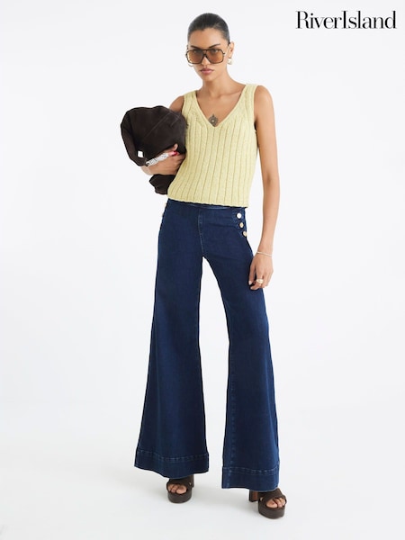 River Island Blue High Rise Palazzo Button 100% Cotton Jeans (H53867) | £57