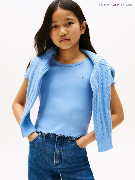 Tommy Hilfiger Blue Slim Ruffle Short Sleeve Ribbed Top (H53937) | £18 - £22