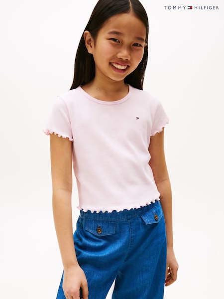 Tommy Hilfiger Pink Slim Ruffle Short Sleeve Ribbed Top (H53947) | £18 - £22