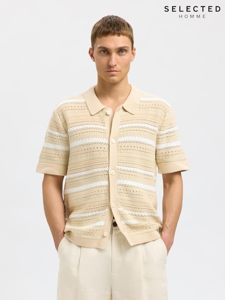 Selected Homme Cream Short Sleeve Crochet Button Through Polo Cardigan (H54005) | £65
