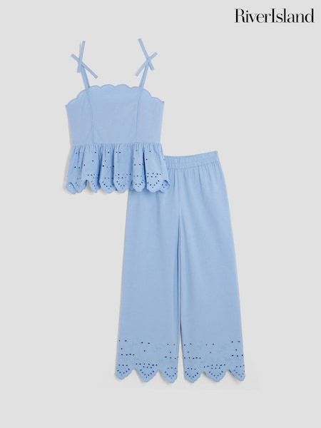 River Island Blue Girls Broiderie Top 100% Cotton Trousers Set (H54047) | £30