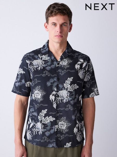 Black Japanese Style Print Short Sleeve Shirt (H54049) | £30