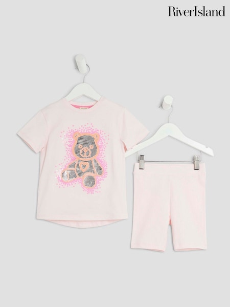 River Island Pink Girls Sequin Bear Shorts Set (H54121) | £14