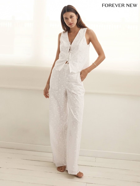 Forever New White Daisy Broderie Wide Leg 100% Cotton Joggers (H54144) | £60