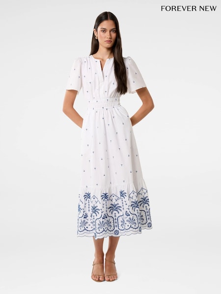 Forever New White Eleanor Embroidered 100% Cotton Midi Dress (H54150) | £120