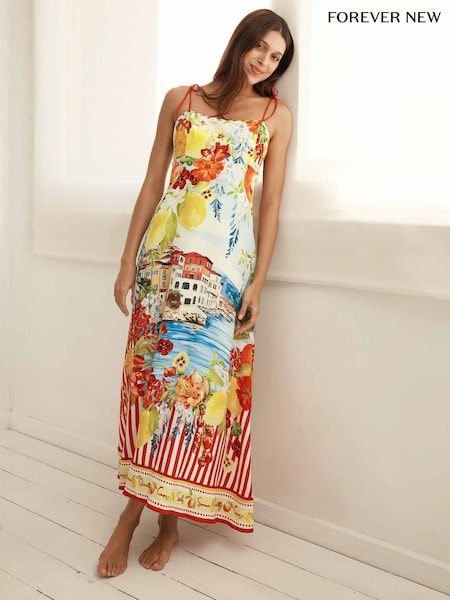Forever New White Sicilia Printed Midi Dress With A Touch Of Linen (H54153) | £150