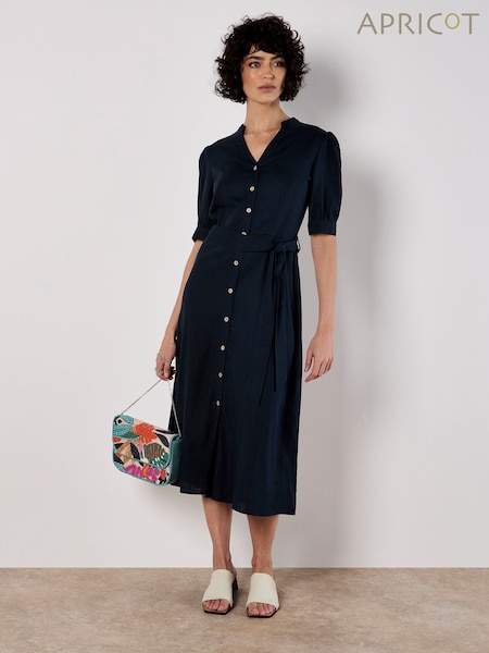Apricot Black Grandad Collar Lin Mix Midi Dress (H54172) | £46