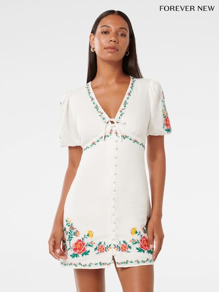 Forever New White Pure Linen Veanne Embroidered Tea Mini Dress (H54197) | £110