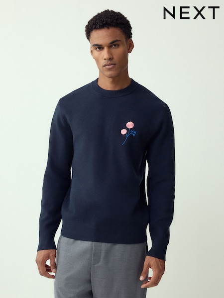 Navy Blue Relaxed Fit Floral Graphic Print Crew Neck Jumper (H54234) | £40