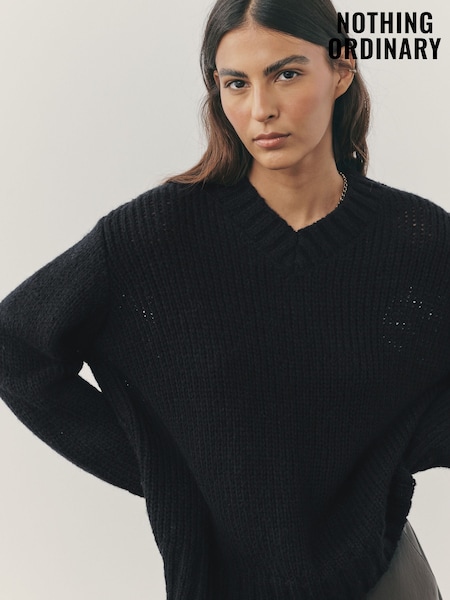 Nothing Ordinary Black Knitted Shallow V-Neck Jumper (H54273) | £89