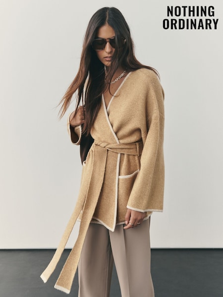 Nothing Ordinary Camel Contrast Tipping Knitted Wrap Waist Cardigan (H54284) | £129