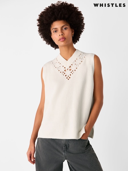 Whistles White Floral Crochet 100% Cotton V-Neck Tank (H54442) | £109