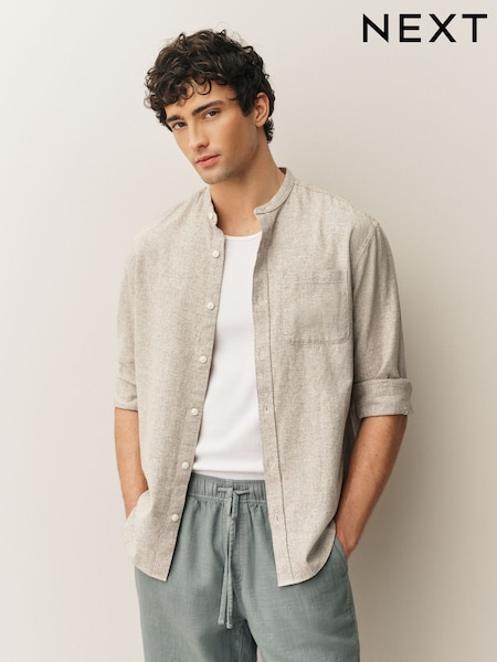 Neutral Grandad Collar Cotton Linen Blend Long Sleeve Shirt (H54448) | £0