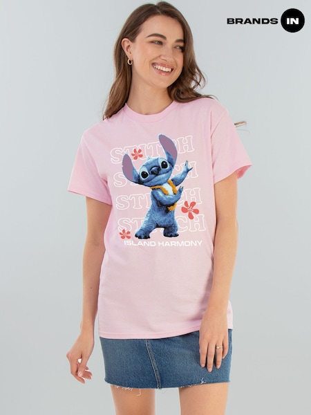Brands In Pink 100% Cotton Disney Stitch Island Harmony T-Shirt (H54659) | £23
