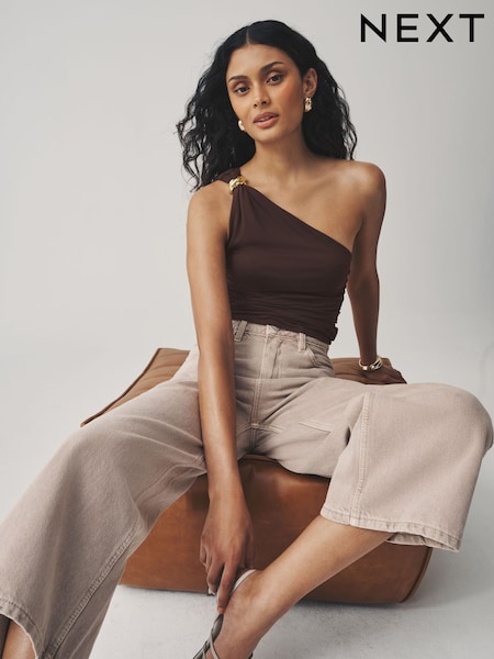 Chocolate Brown Soft Touch One Shoulder Hadware Top (H54676) | £26