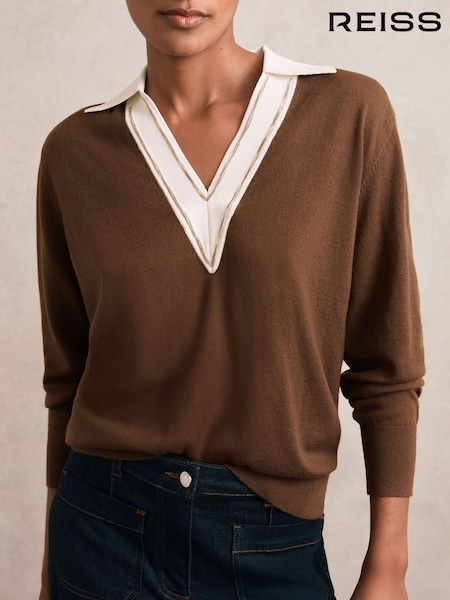 Reiss Chocolate Brown/Ivory Nina Wool Collared Cricket Jumper (H54748) | £120