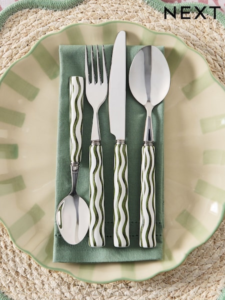 16 Piece Green Ceramic Handle Wiggle Pattern Cutlery (H54786) | £36