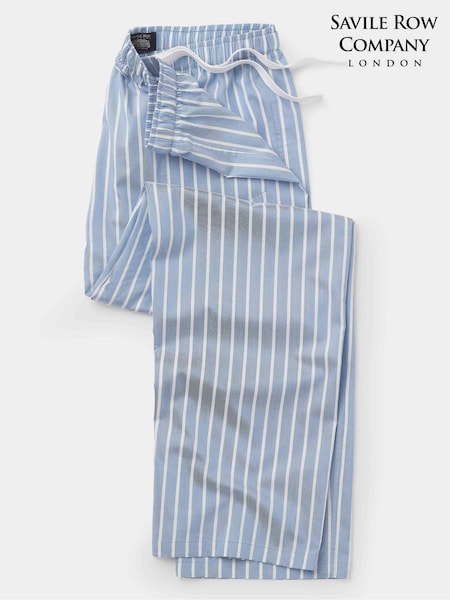 Savile Row Company Blue Twill Wide Stripe Lounge 100% Cotton Joggers (H54787) | £22