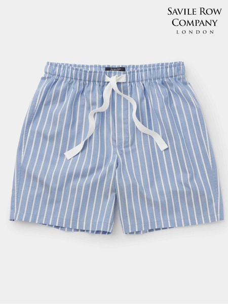 Savile Row Company Blue Twill Wide Stripe 100% Cotton Lounge Shorts (H54789) | £22