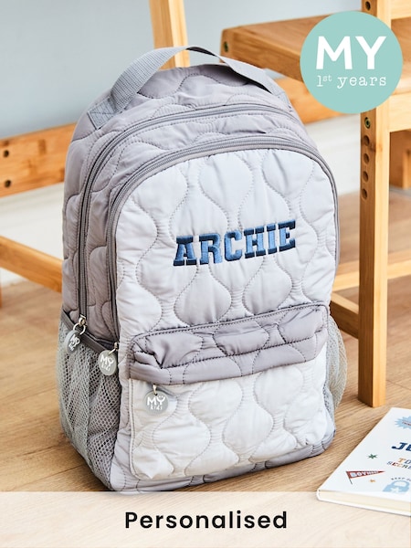 My 1st Years Personalised Large Quilted Blue Name Varsity Backpack (H54905) | £46