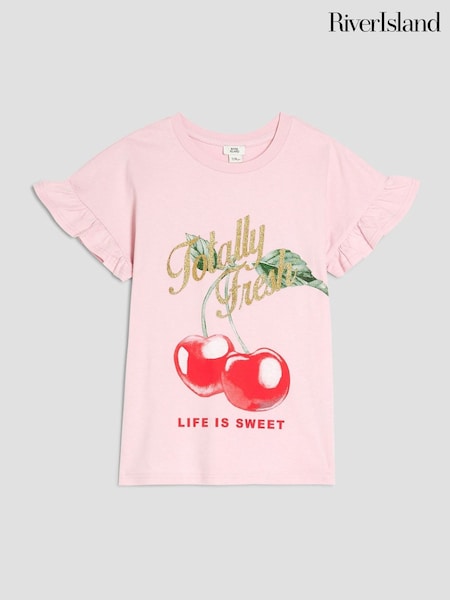 River Island Pink Girls Cherry Frill T-Shirt (H54914) | £0