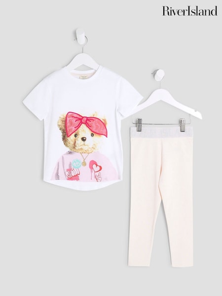 River Island Pink Girls Bandana Bear T-Shirt Set (H54917) | £16