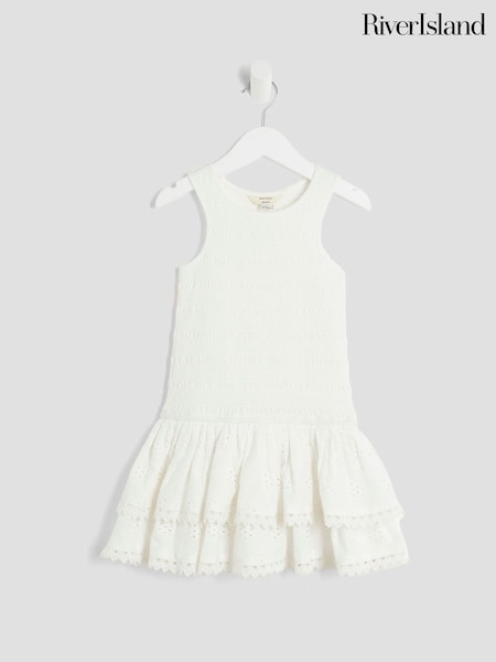 River Island White Girls Shirred Rara 100% Cotton Dress (H54918) | £21