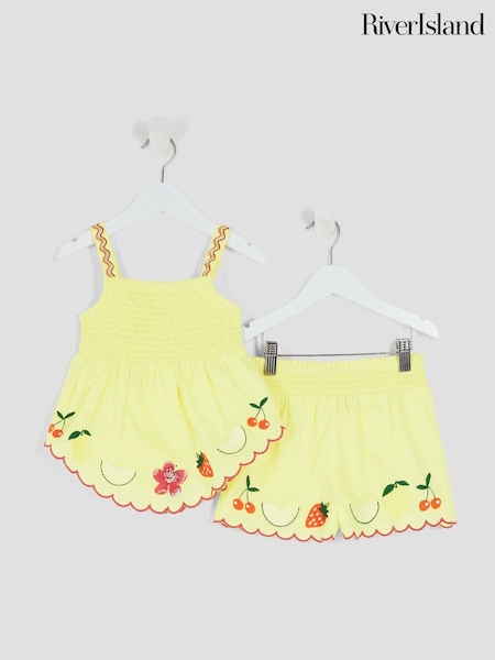 River Island Yellow Girls Fruit Hanky Hem 100% Cotton Top and Shorts Set (H54923) | £22