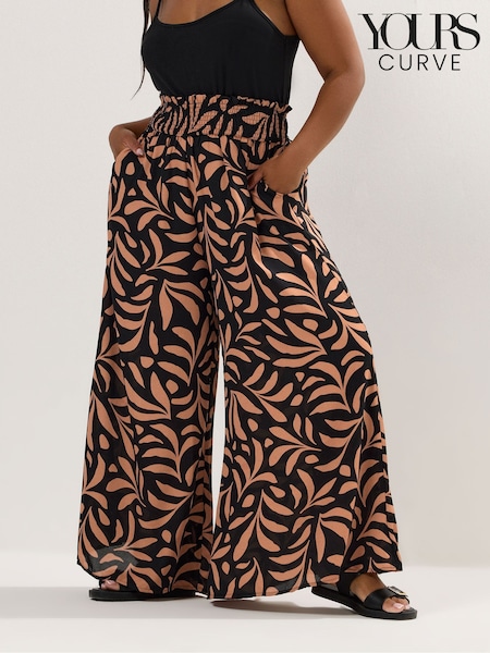 Yours Curve Black Shirred Waist Wide Leg Trousers (H54929) | £29