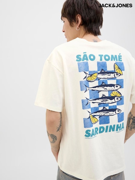 JACK & JONES White Back Graphic Sardine Fish Print T-Shirt (H54973) | £16