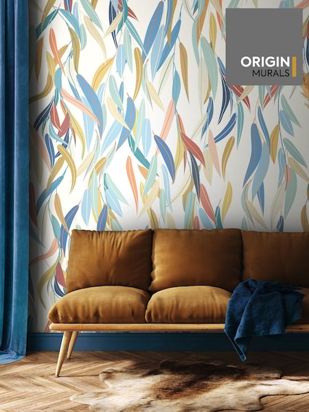 Origin Murals Denim Blue and Apricot Willow Leaves Wall Mural (H54990) | £73