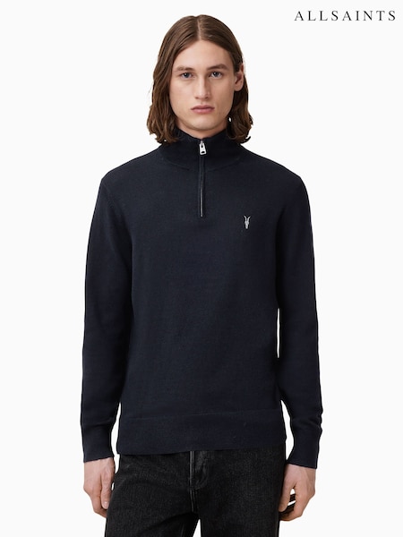 AllSaints Blue Chrome Kilburn Quarter Zip Funnel Jumper (H55028) | £109