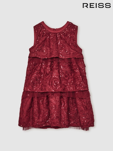 Reiss Red Dulcie 13-14 yrs Sequin-Embellished Tiered Dress (H55189) | £99