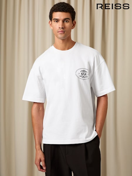 Reiss White Cuthbert Monogram Print Cotton Oversized T-Shirt (H55192) | £58