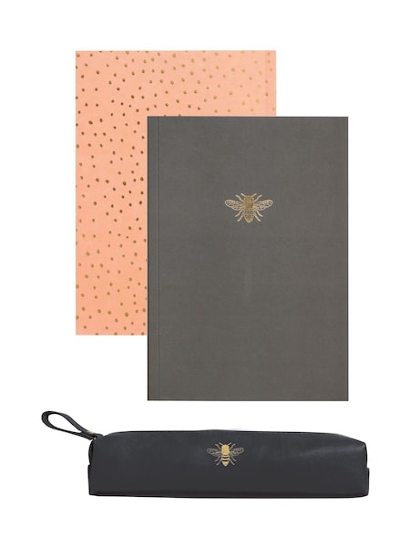 Portico Designs Black Gold Bee Faux Leather Pencil Case & 2 Notebooks (H55439) | £22