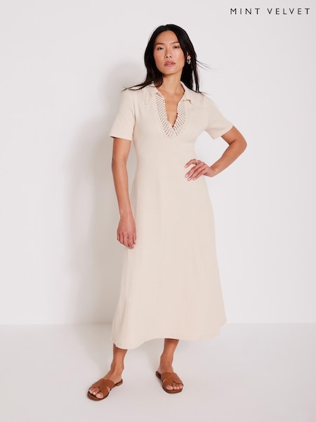 Mint Velvet Natural Crochet Collar Midi Dress (H55736) | £99