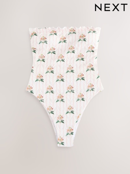 Cream/Pink Floral Lace Bandeau Tummy Control Swimsuit (H55793) | £0