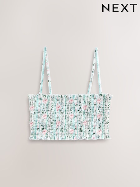 Blue/Ecru Floral Embroidered Shirred Bandeau Bikini Top (H55825) | £26