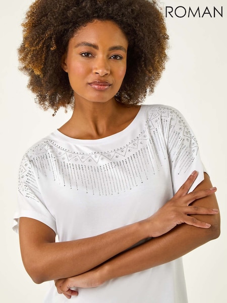 Roman White Hotfix Embellished Stretch T-Shirt (H55944) | £28