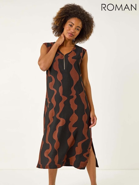 Roman Brown Wave Zip Detail Midi Shift Dress (H55958) | £42