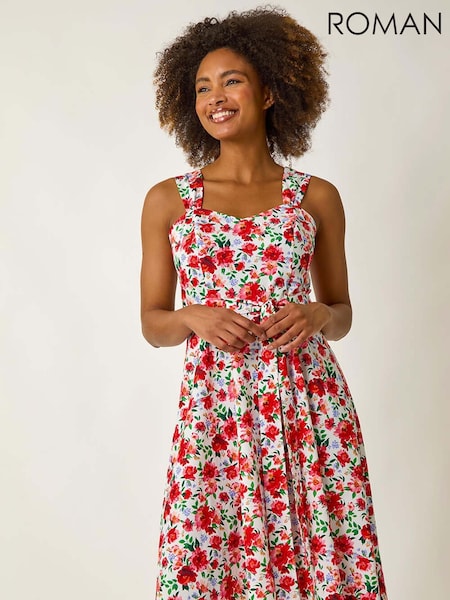 Roman Red Floral Print Tie Waist Sweetheart Midi Dress (H55970) | £38